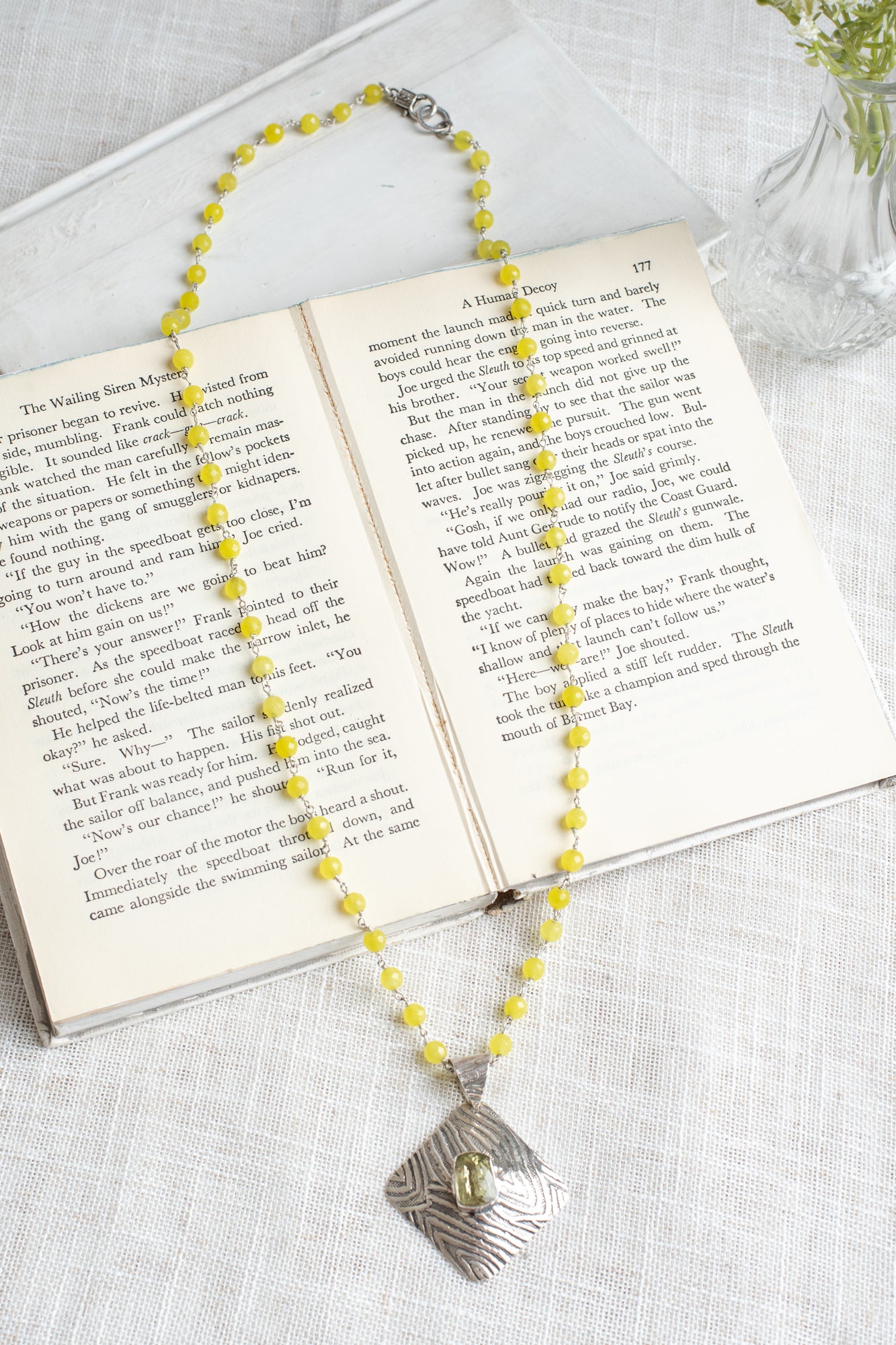 Vintage Silver Gemstone Citrine Pendant Necklace on Yellow 