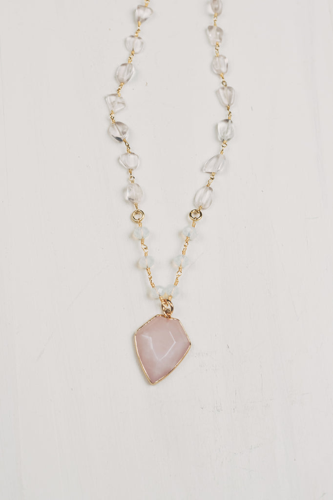 Large Rose Quartz Free Form Gemstone Necklace with Arrow Shaped Rose Quartz Pendant