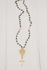 Matte Gold Filigree & Cross Pendant on Hematite Rosary Bead Chain
