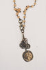 Bronze Coin Pendant and Charms on Peach Opaline Crystal Rosary Chain Necklace