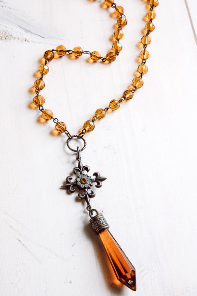 Faceted Crystal Pendant Necklace with Gold Rosary Beads