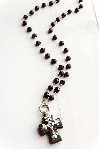 Onyx Rosary Chain Necklace with Black Howlite Tibetan Cross Pendant