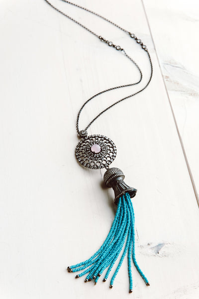 Turkish Bronze Micropave Pendant with Tassel and Pink Chalcedony Center Necklace