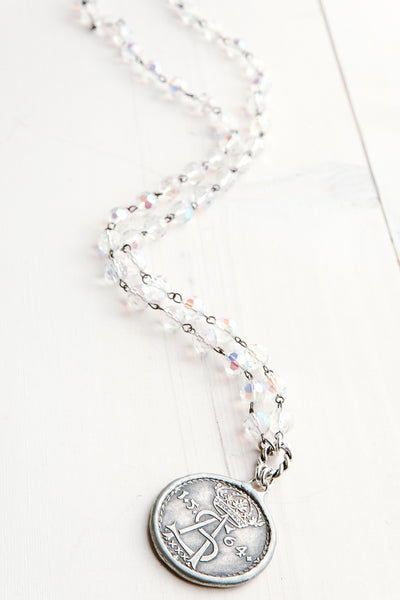 Large Hand Soldered Ancient Coin Pendant on Faceted Iridescent Crystal Rosary Bead Necklace