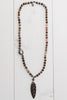 Brown Banded Agate Hand Beaded Necklace with Wood Leaf Pendant in Crystals, Pearl and Crystal Beads