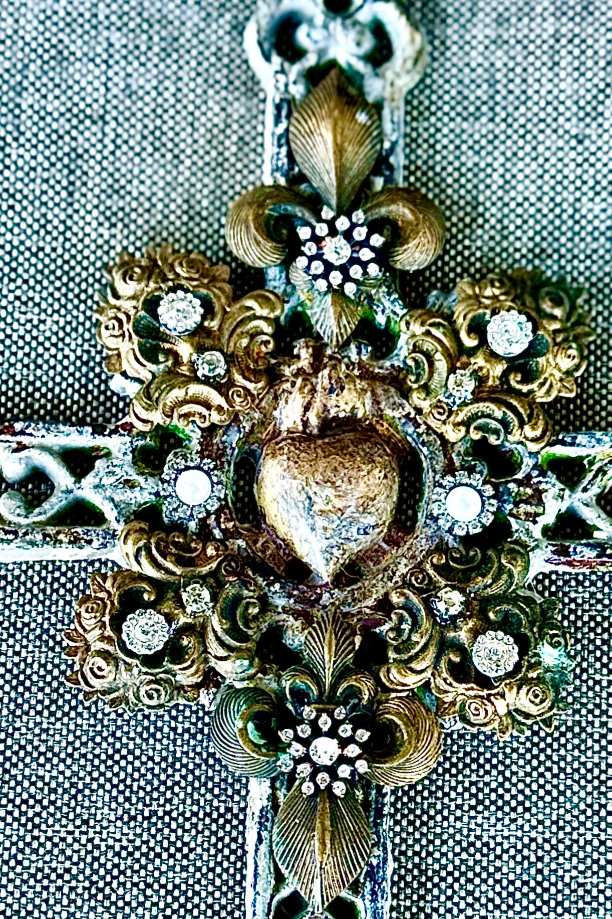 Sacred Heart Iron Chippy Paint Wall Cross with Rhinestone and Filligree Embellishments