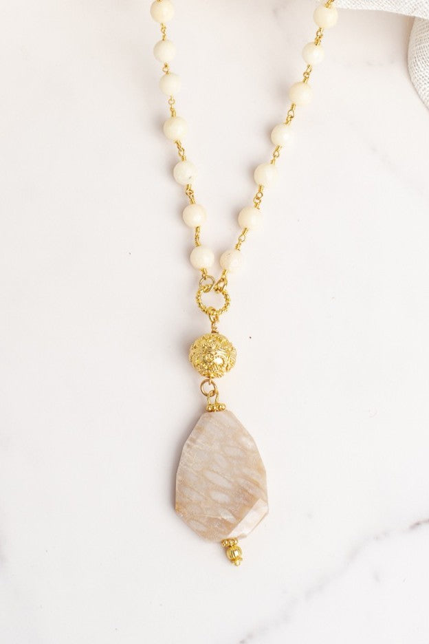Large Agate Neutral Colored Stone on Ivory Opaque Jasper Rosary Chain Necklace (Copy)