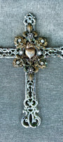 Sacred Heart Iron Chippy Paint Wall Cross with Rhinestone and Filligree Embellishments