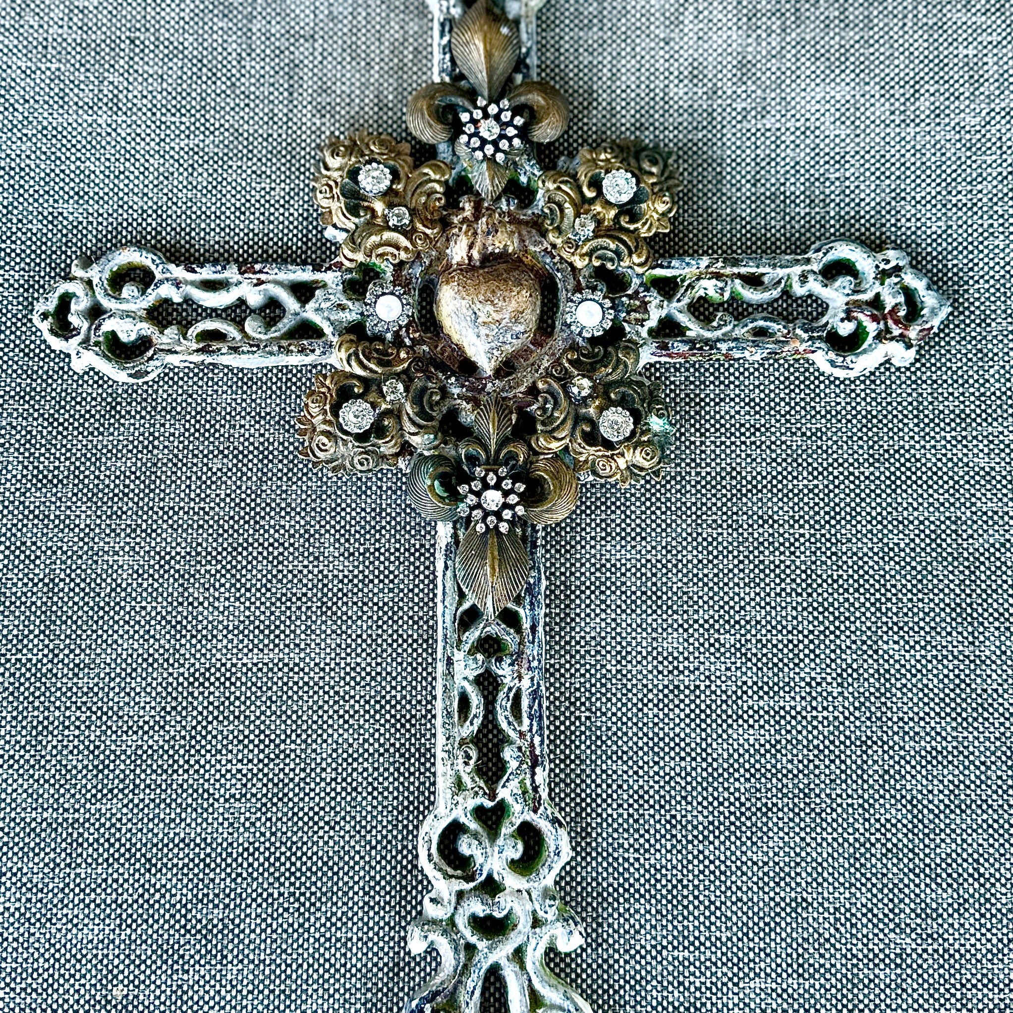 Sacred Heart Iron Chippy Paint Wall Cross with Rhinestone and Filligree Embellishments