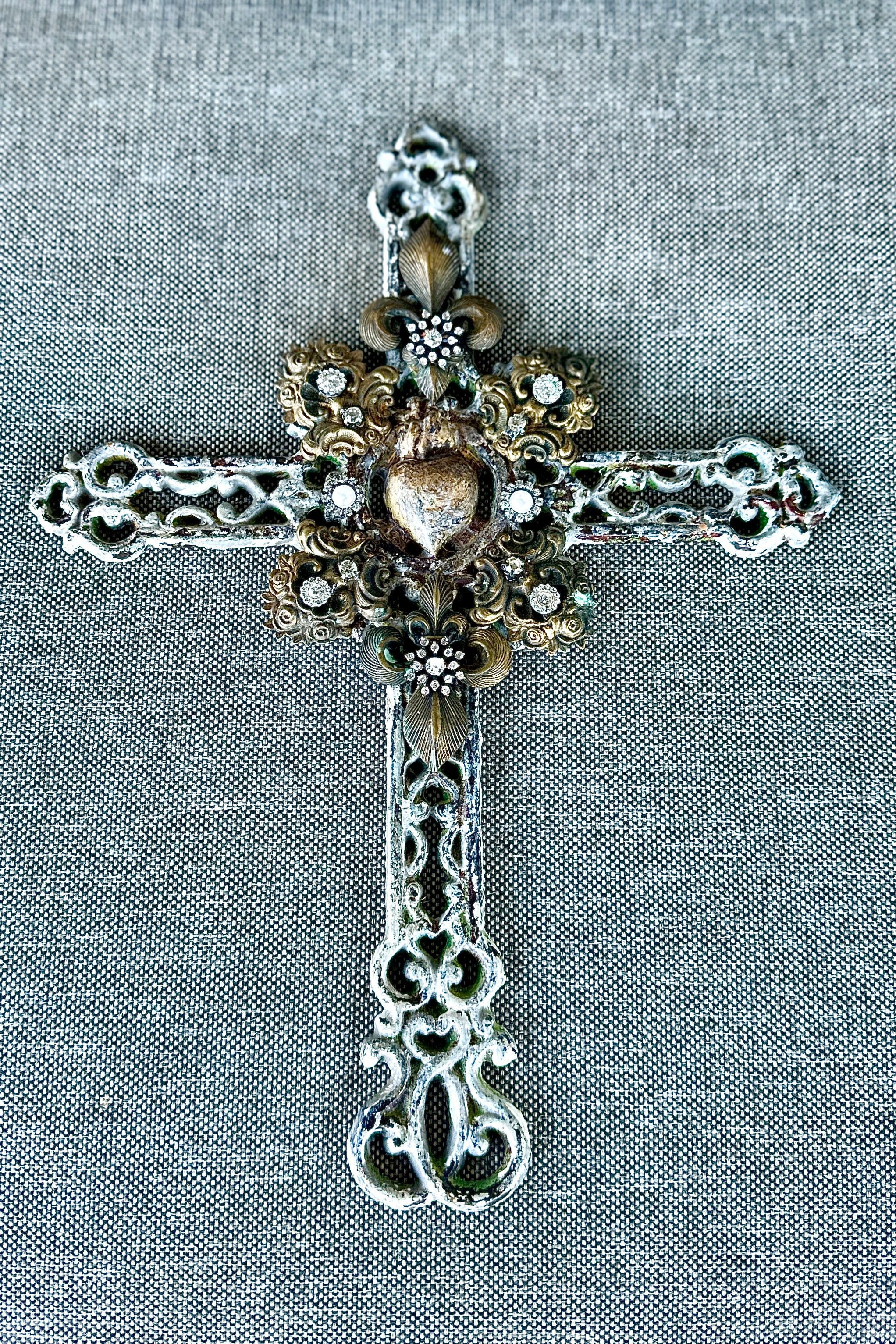 Sacred Heart Iron Chippy Paint Wall Cross with Rhinestone and Filligree Embellishments