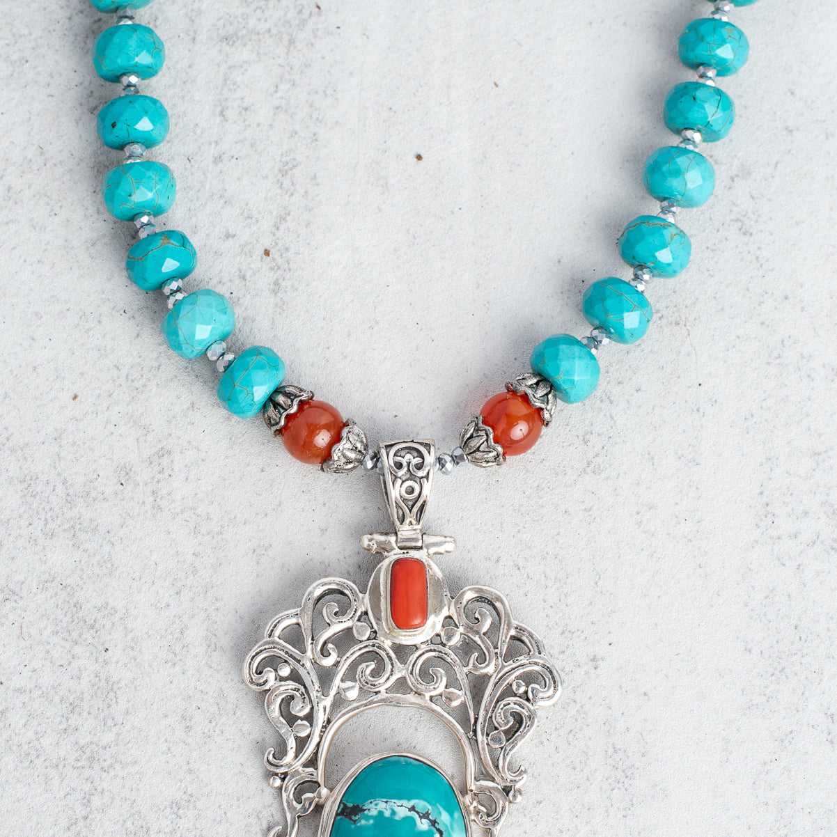 Sterling Silver Turquoise, Carnelian & Gray Quartz “Find Joy” Statement Necklace