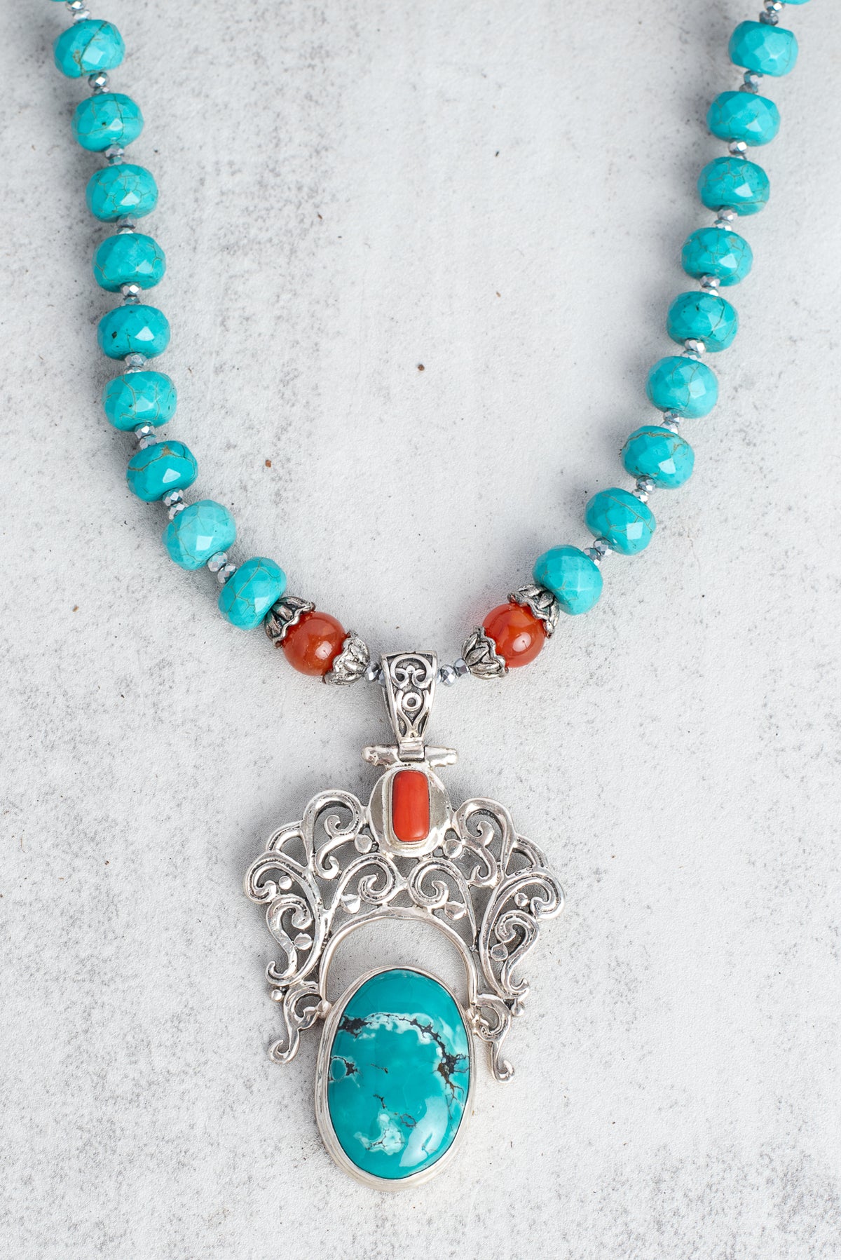 Sterling Silver Turquoise, Carnelian & Gray Quartz “Find Joy” Statement Necklace