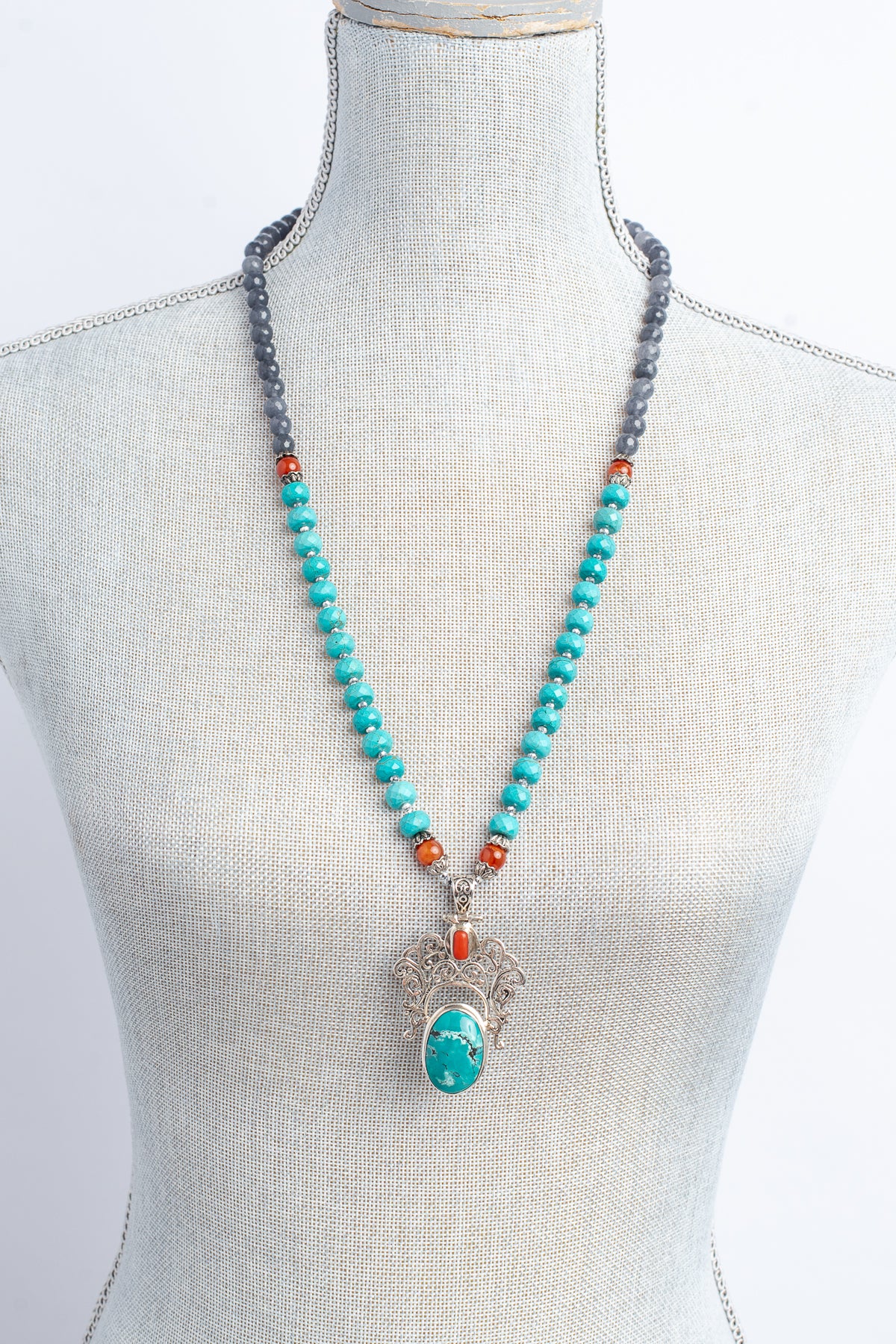 Sterling Silver Turquoise, Carnelian & Gray Quartz “Find Joy” Statement Necklace