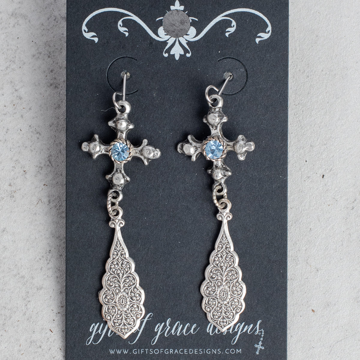 Silver Cross Blue Crystal Earrings