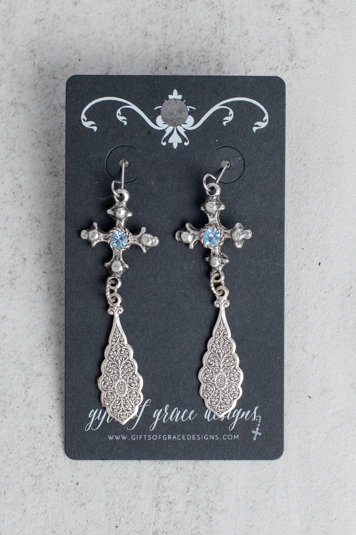 Silver Cross Blue Crystal Earrings