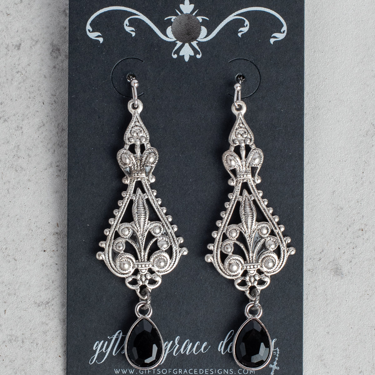 Silver Fleur de Lis Filigree with Black Crystal Drop Earrings