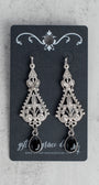 Silver Fleur de Lis Filigree with Black Crystal Drop Earrings