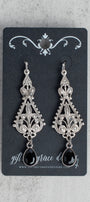 Silver Fleur de Lis Filigree with Black Crystal Drop Earrings
