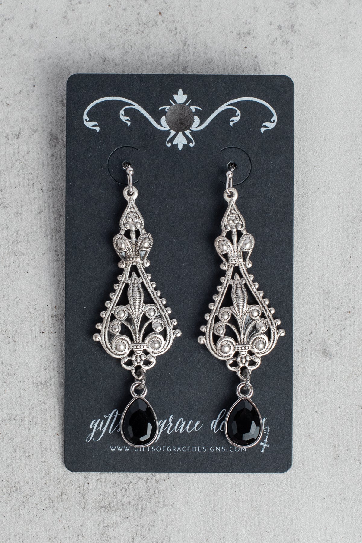 Silver Fleur de Lis Filigree with Black Crystal Drop Earrings