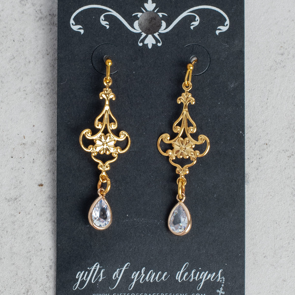 Filigree and Teardrop Crystal Gold Earrings