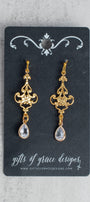 Filigree and Teardrop Crystal Gold Earrings