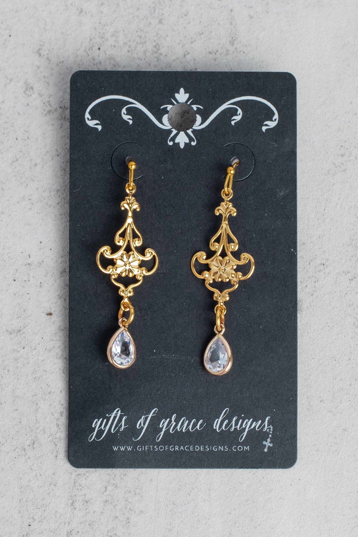Filigree and Teardrop Crystal Gold Earrings
