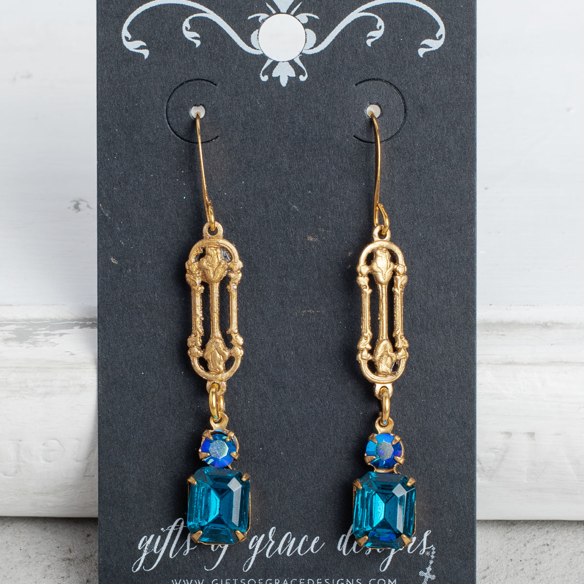 Gold Fancy Filigree and Blue Crystal Earrings
