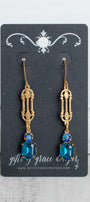 Gold Fancy Filigree and Blue Crystal Earrings