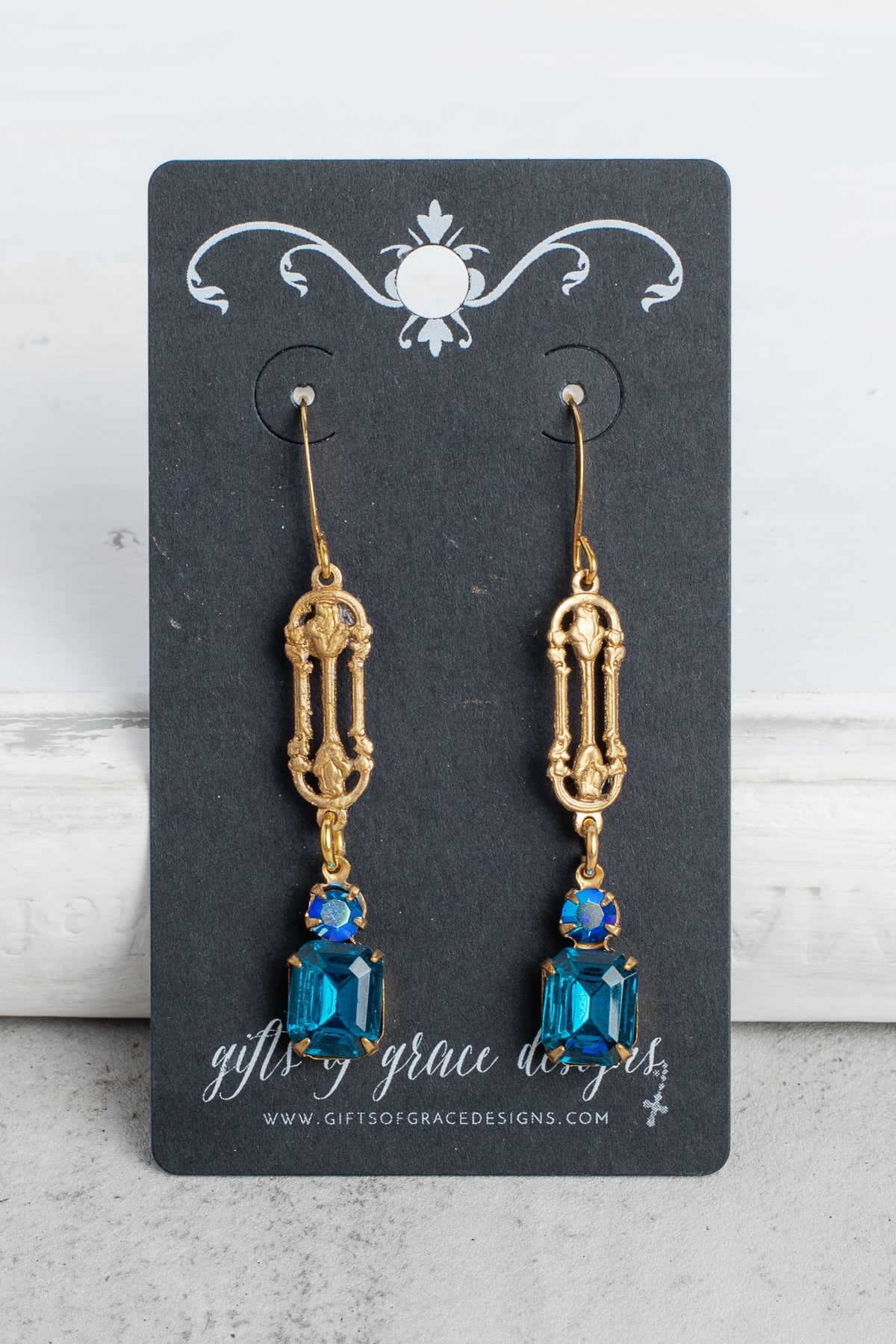 Gold Fancy Filigree and Blue Crystal Earrings