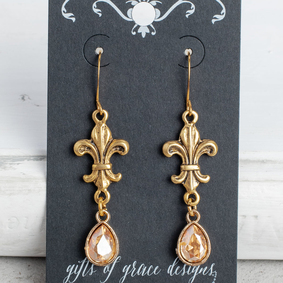 Gold Fleur de Lis and Crystal Earrings