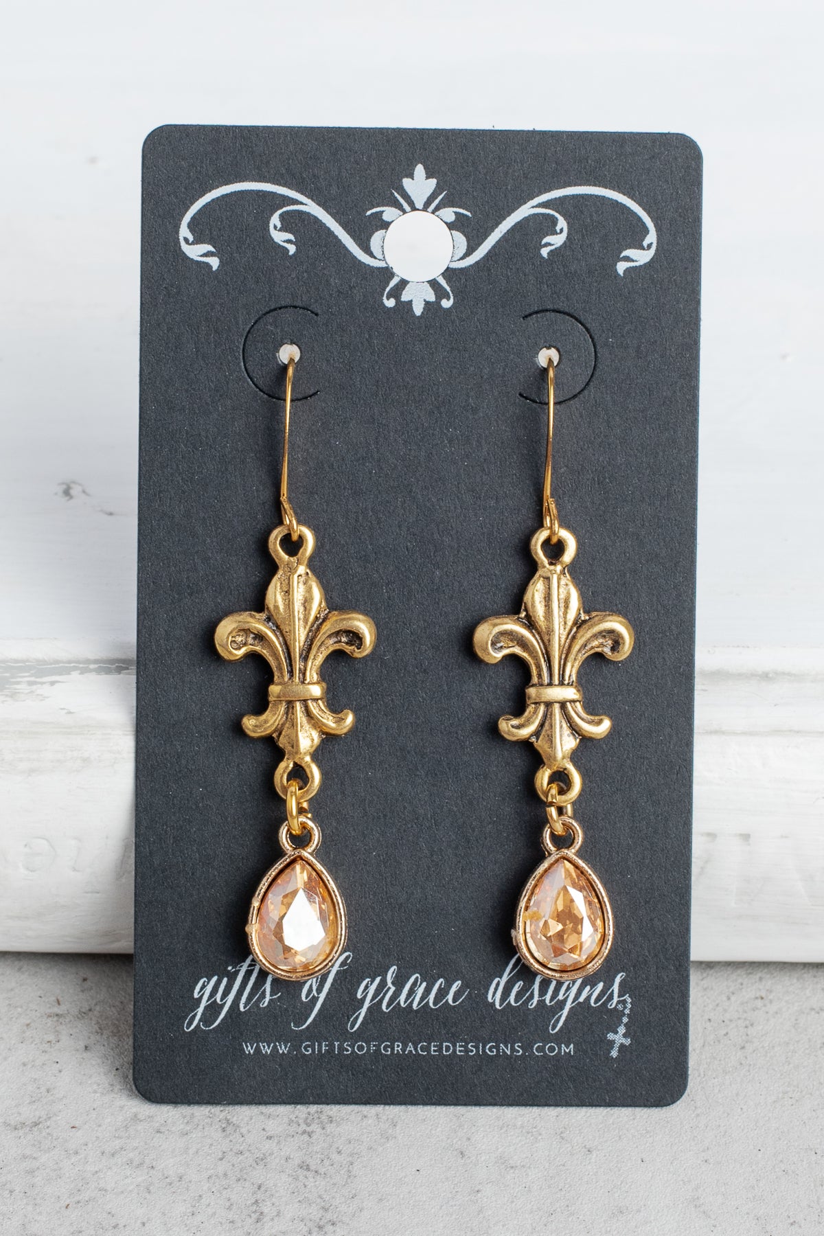 Gold Fleur de Lis and Crystal Earrings