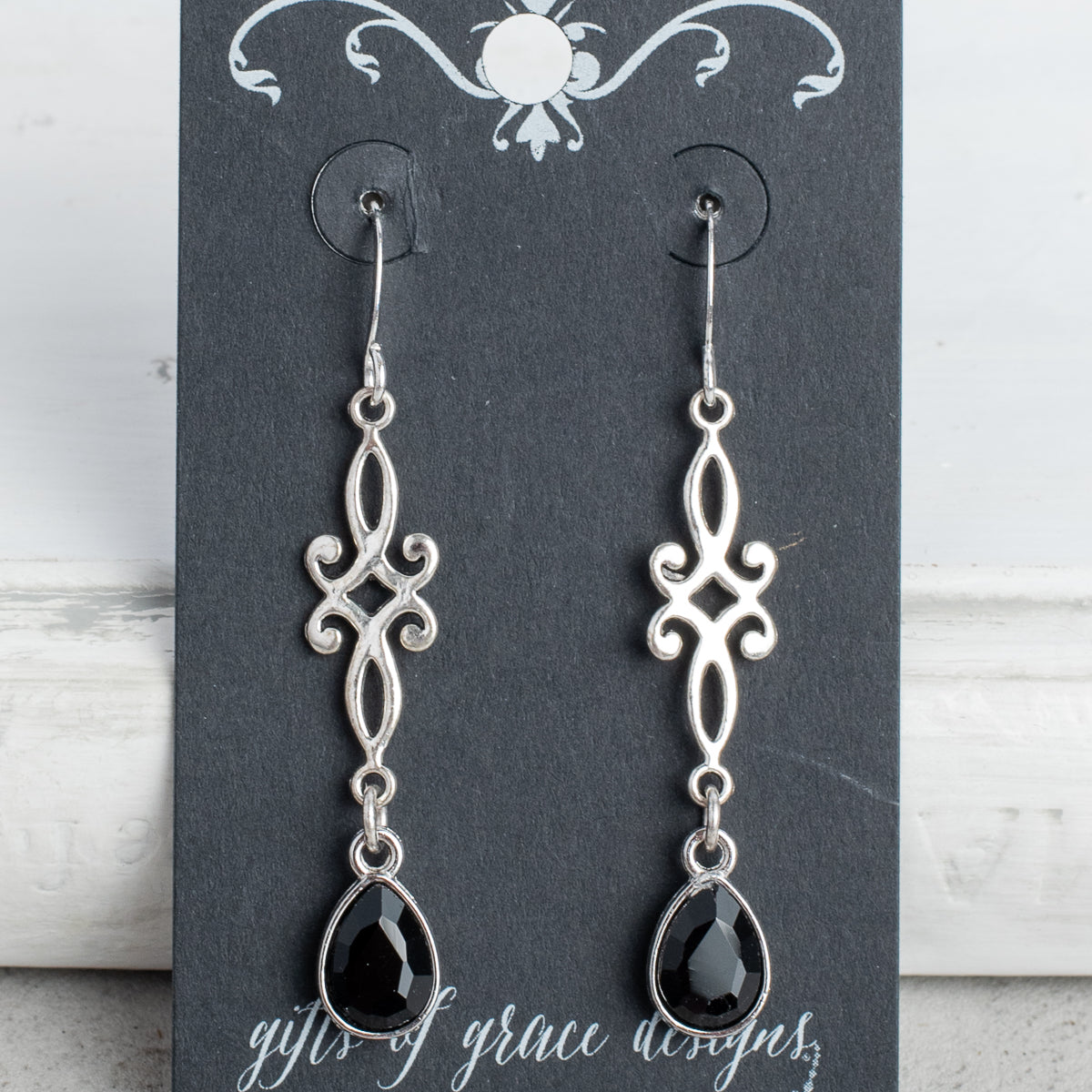 Silver Scroll Filigree with Black Crystal Earrings