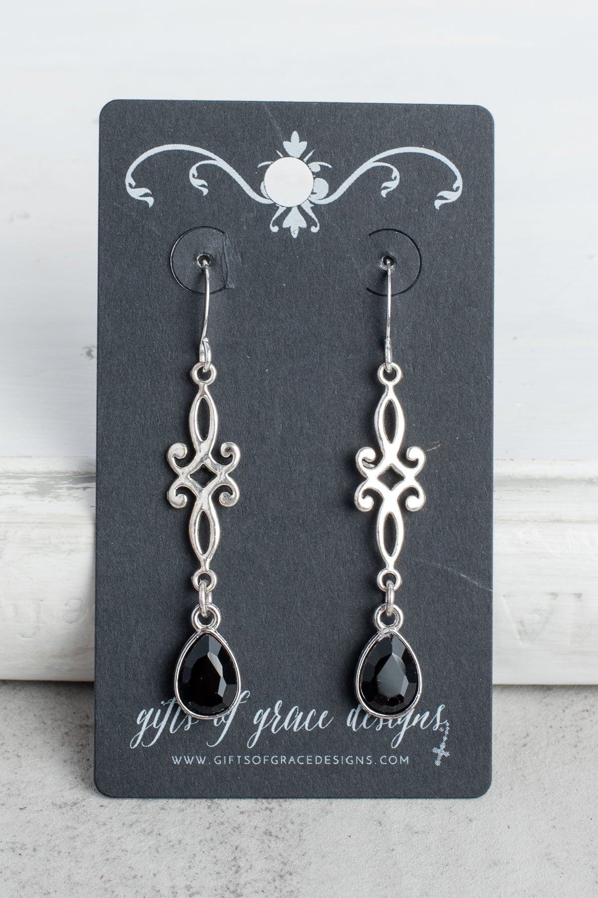 Silver Scroll Filigree with Black Crystal Earrings