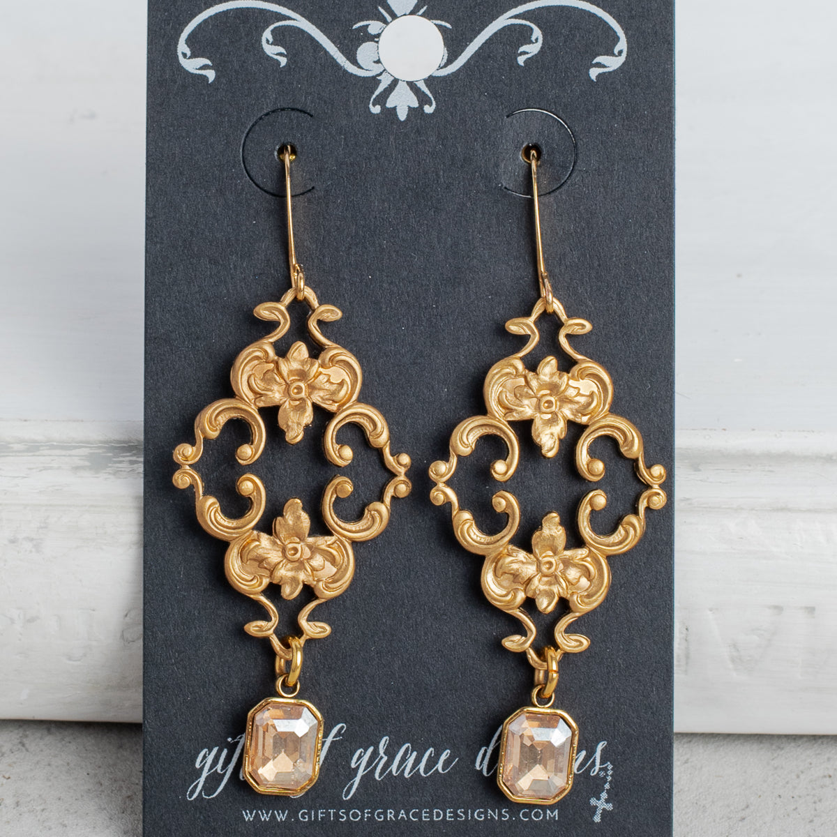 Gold Fancy Filigree and Gold Square Crystal Earrings