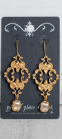 Gold Fancy Filigree and Gold Square Crystal Earrings