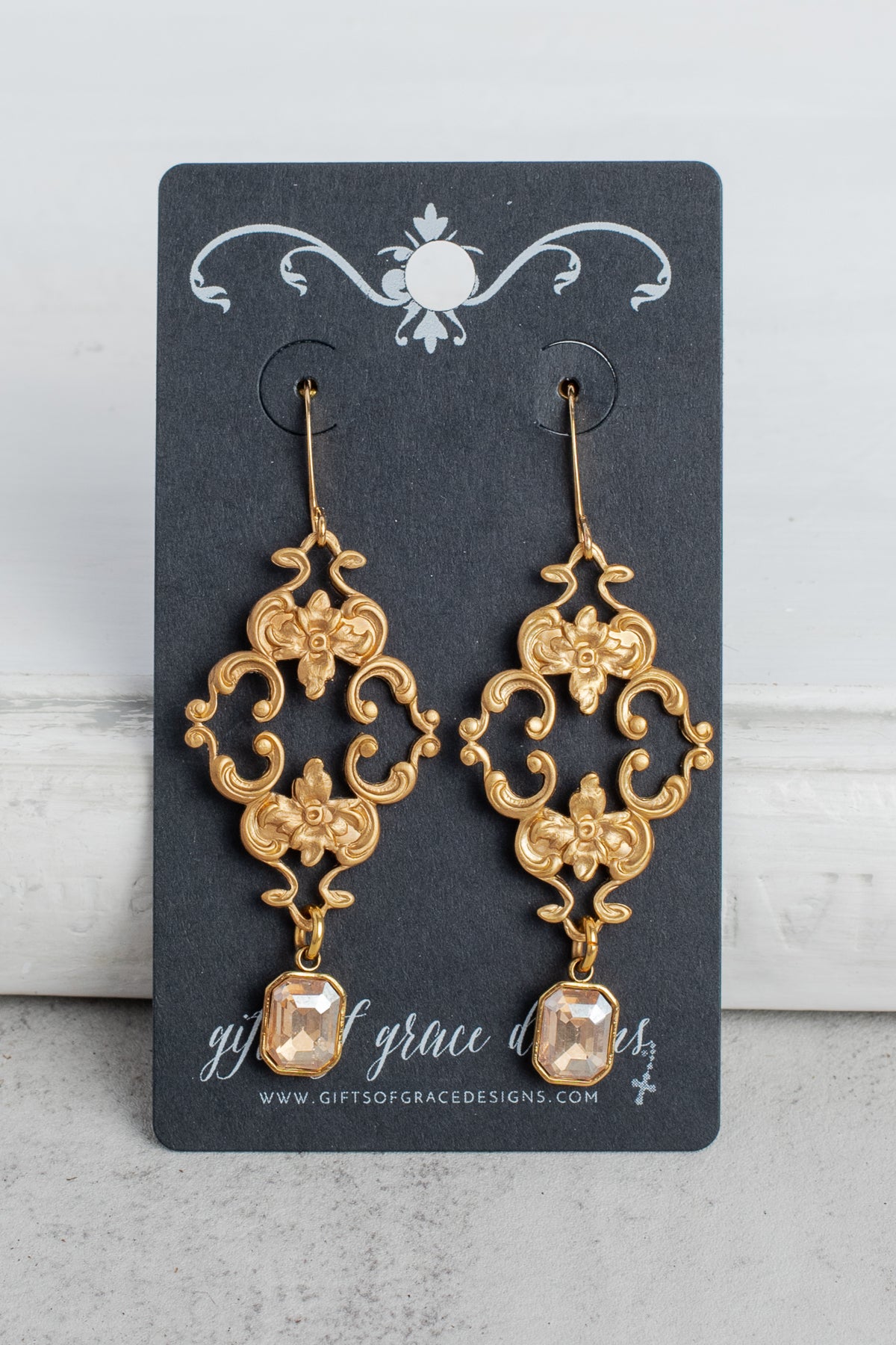 Gold Fancy Filigree and Gold Square Crystal Earrings
