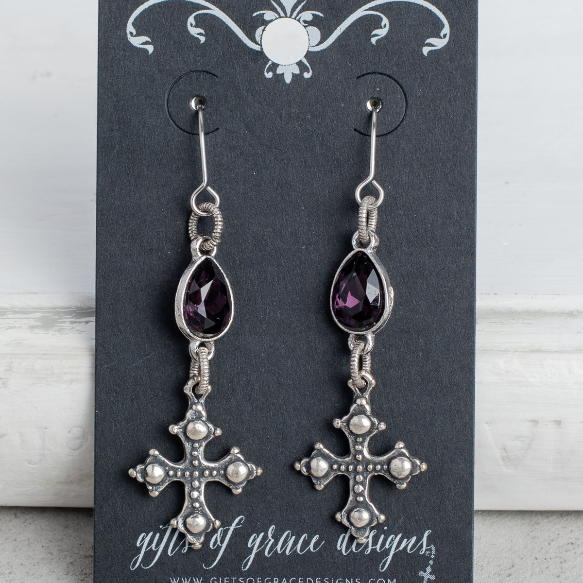 Silver Cross and Purple Crystal Earrings