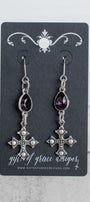 Silver Cross and Purple Crystal Earrings
