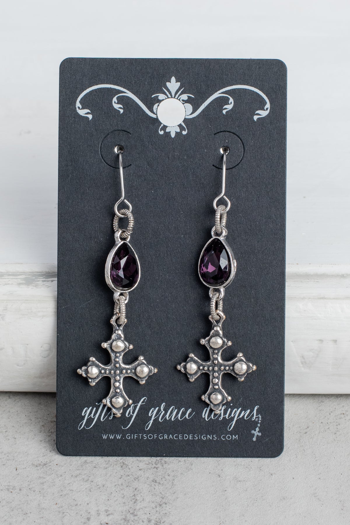 Silver Cross and Purple Crystal Earrings