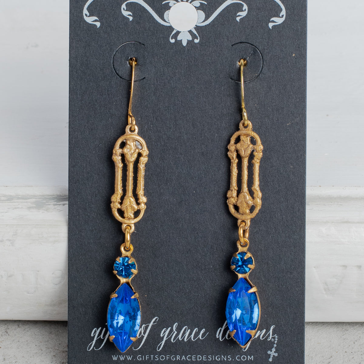 Gold Fancy Filigree and Marquise Blue Crystal Earrings
