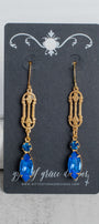 Gold Fancy Filigree and Marquise Blue Crystal Earrings