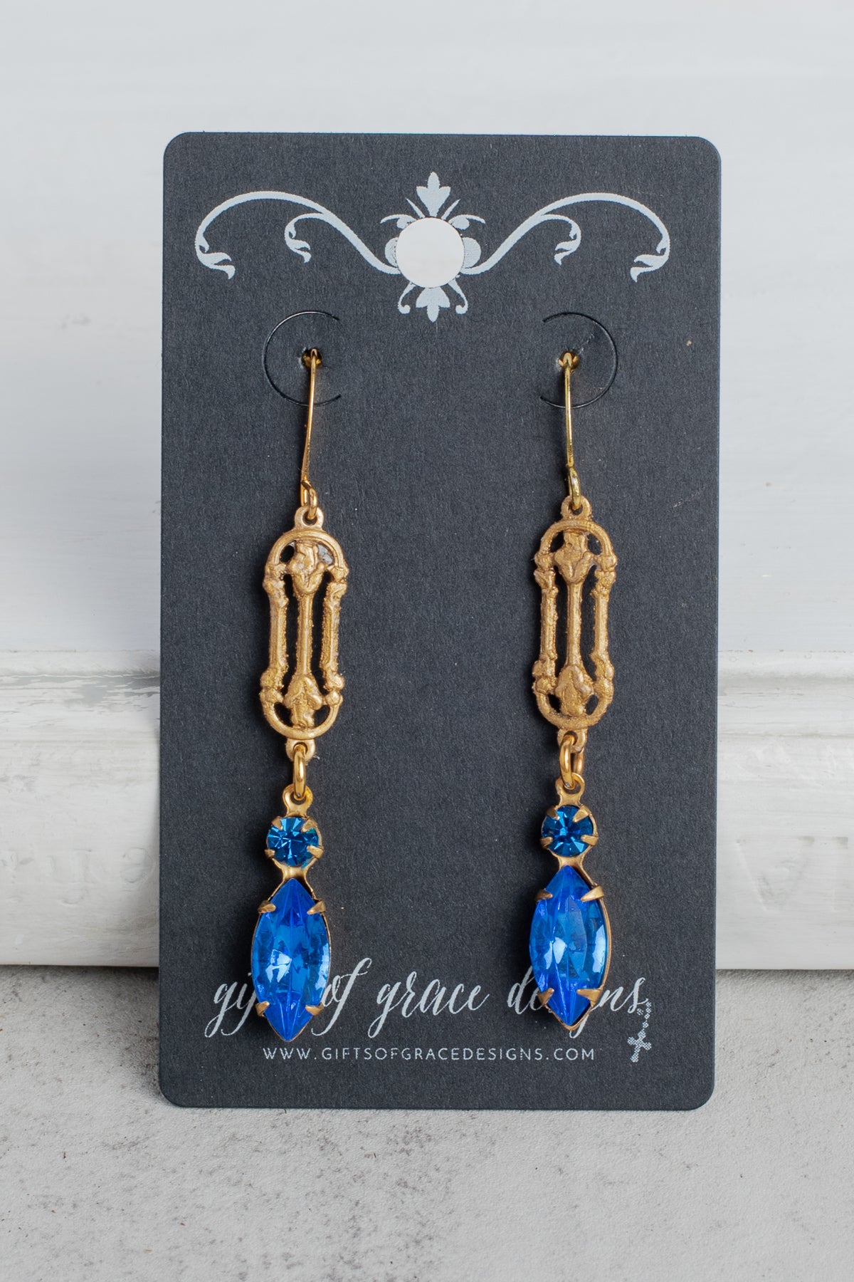 Gold Fancy Filigree and Marquise Blue Crystal Earrings