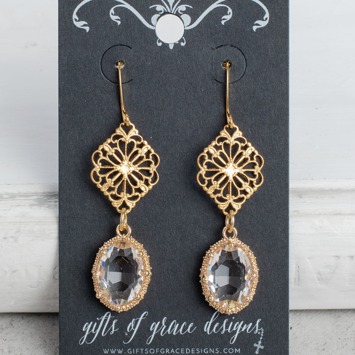 Gold Fancy Filigree and Oval Crystal Earrings