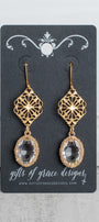 Gold Fancy Filigree and Oval Crystal Earrings