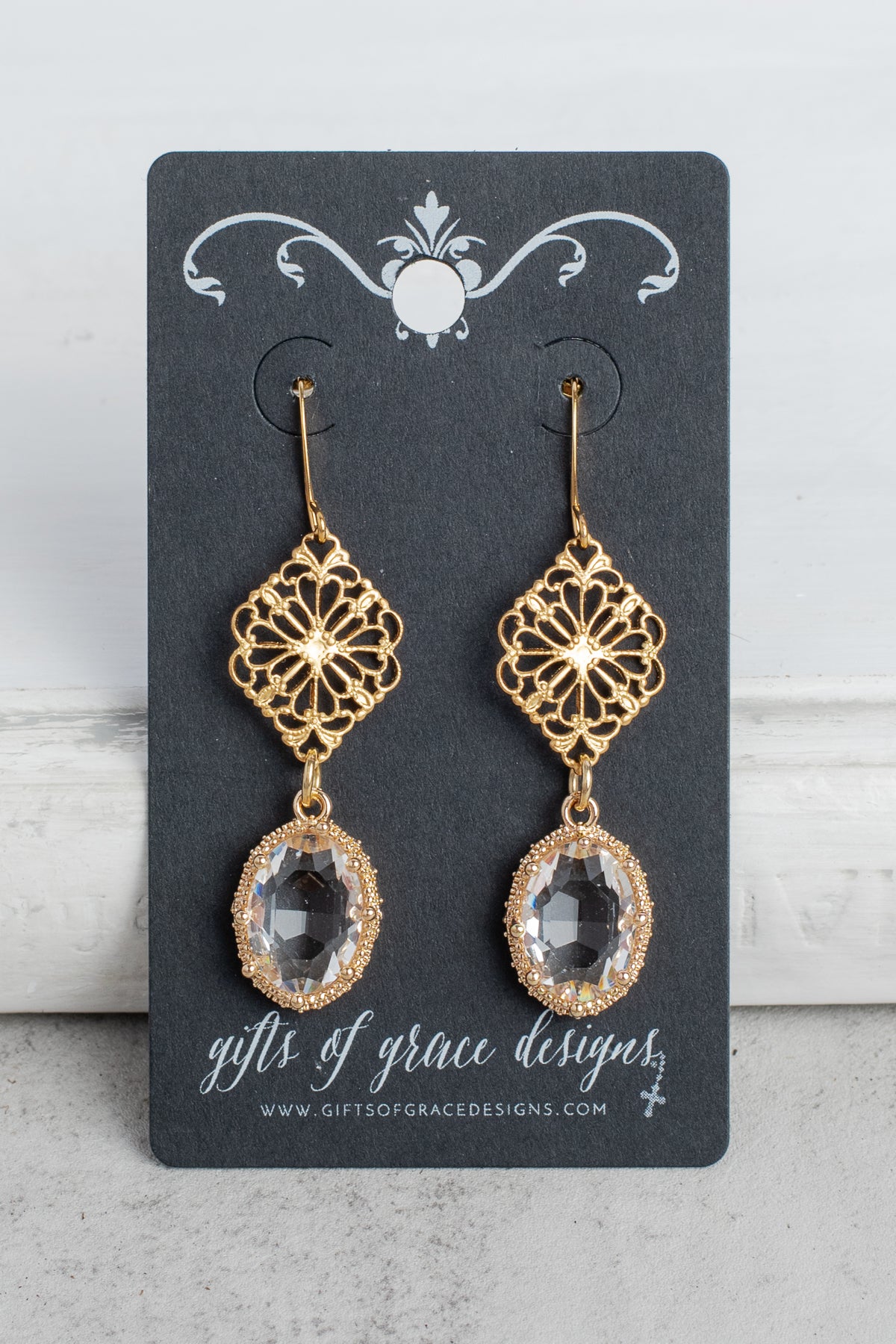 Gold Fancy Filigree and Oval Crystal Earrings
