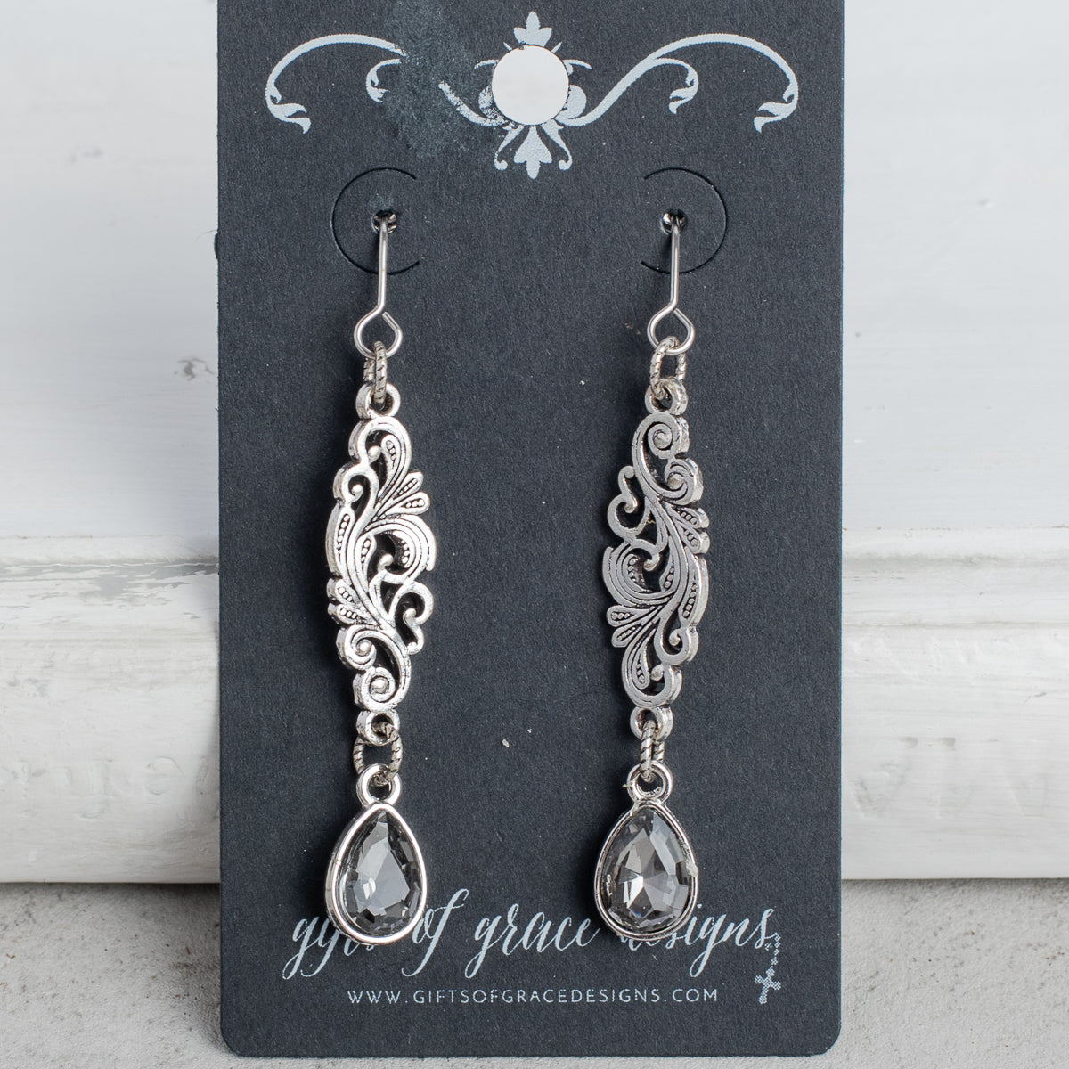 Silver Scroll Filigree Gray Crystal Teardrop Earrings