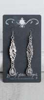 Silver Scroll Filigree Gray Crystal Teardrop Earrings