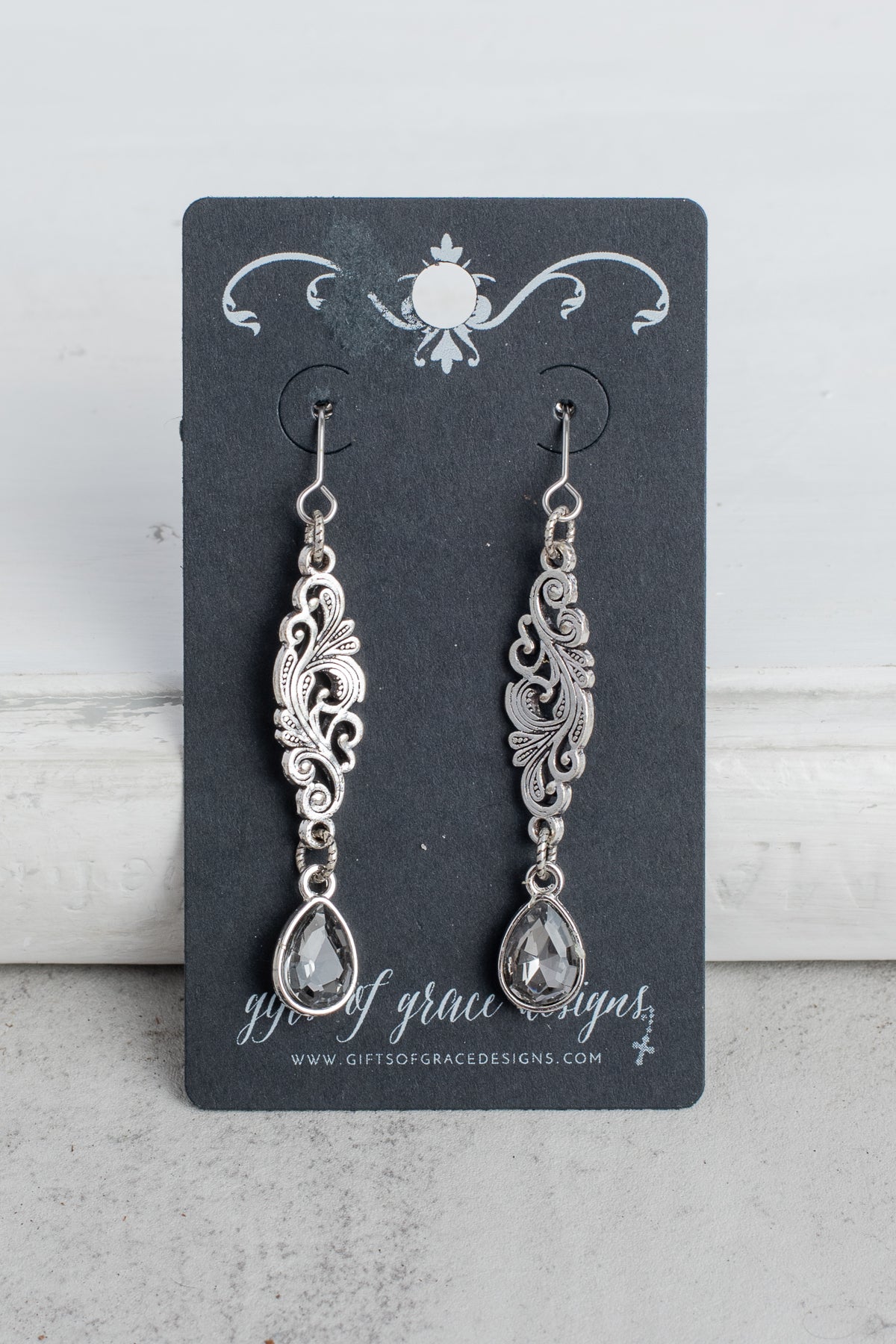 Silver Scroll Filigree Gray Crystal Teardrop Earrings