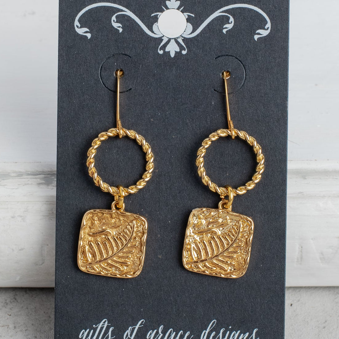 Circle and Fern Gold Earrings