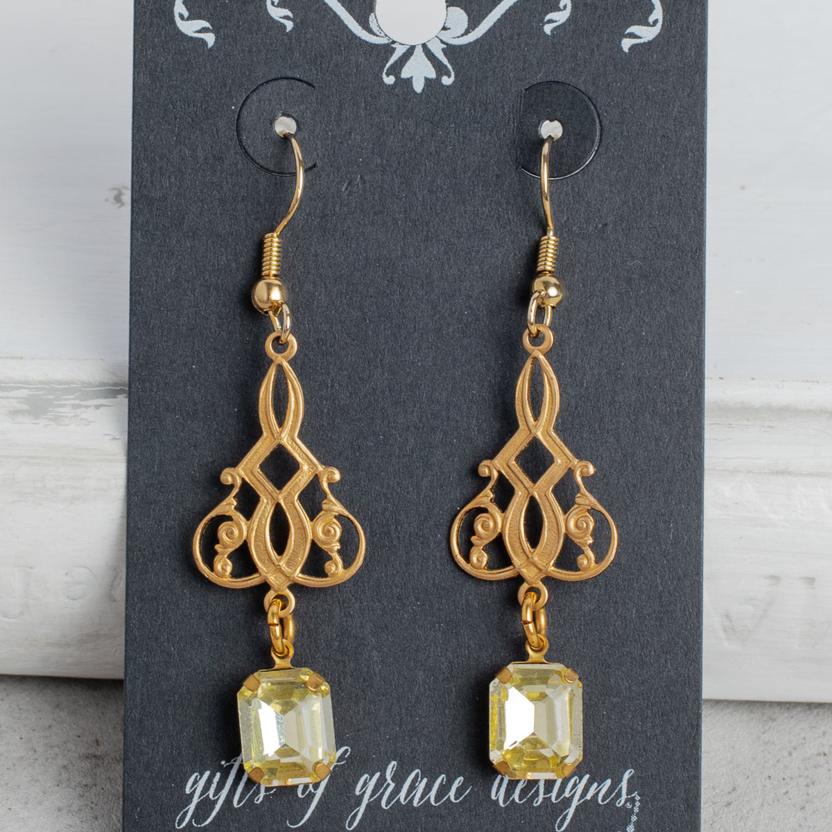 Filigree and Rectangle Yellow Crystal Earrings